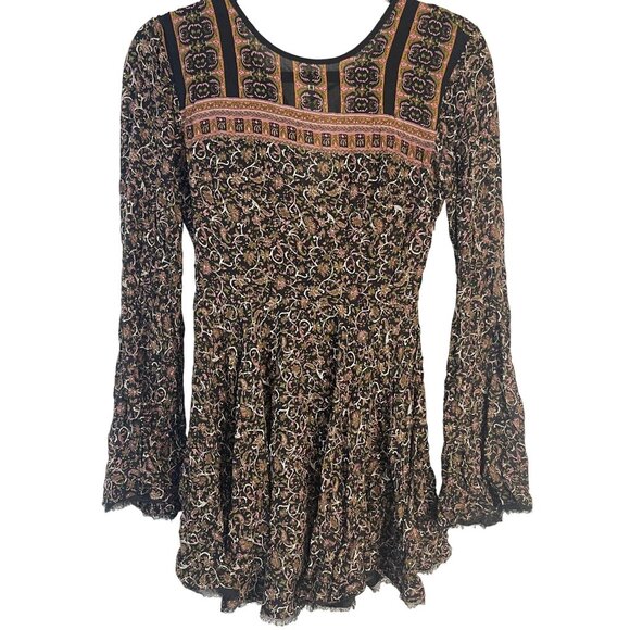 ecote long sleeve shirt blouse boho fringe floral black brown sheer tie READ - Picture 1 of 7